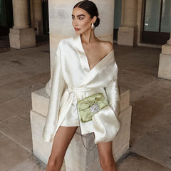 Satin High Grade Pajamas Long Sleeve Loose Tied Nightdress V neck Short Ladies Homewear