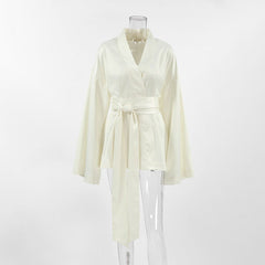 Satin High Grade Pajamas Long Sleeve Loose Tied Nightdress V neck Short Ladies Homewear