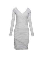 Deep V Plunge Evening Dress Dusting Powder off Shoulder Sheath Long Sleeve Dress