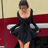 Deep V Plunge Tied Slim Fit Short Solid Color Stringy Selvedge Long Sleeve Dress