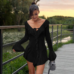 Deep V Plunge Tied Slim Fit Short Solid Color Stringy Selvedge Long Sleeve Dress