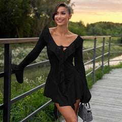 Deep V Plunge Tied Slim Fit Short Solid Color Stringy Selvedge Long Sleeve Dress