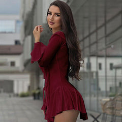 Deep V Plunge Tied Slim Fit Short Solid Color Stringy Selvedge Long Sleeve Dress
