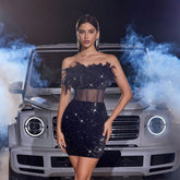 Velvet Sequined Feather Cocktail Hip Tube Top Dress