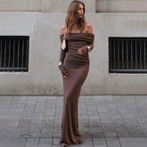 Waist off Shoulder Long Sleeve Solid Color Dress Slim Fit