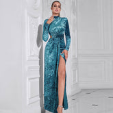 Simple Solid Color Stup Collar Long Sleeved Hollow Out Cutout Long Slit Dress