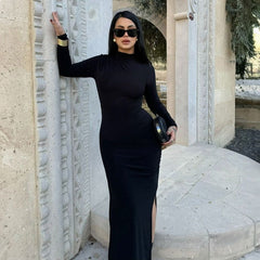 Simple StCollar Long Sleeve Slim Sheath Side Slit Solid Color Dress