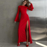 Slim Fit Graceful Long Sleeve Split Maxi Dress