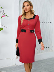 Vestido de trabajo de manga larga con cuello cuadrado