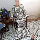 Striped Round Neck Contrast Color Bell Sleeve Lace Up Decorative Sheath Dress