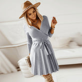 Sweater Dress V-neck Pleated Knitted Short A- Word Dress