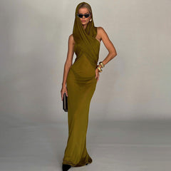 Turmeric Hooded Tulle Backless Cross Two Way Wear Dress