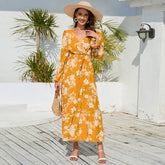 V neck Waist Trimming Lace up Long Sleeve Floral Dress Maxi