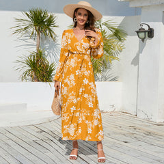 V neck Waist Trimming Lace up Long Sleeve Floral Dress Maxi