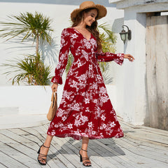 V neck Waist Trimming Lace up Long Sleeve Floral Dress Maxi