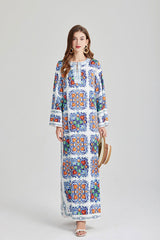 Vintage Printed Round Neck Split Long Sleeve Personalized dress