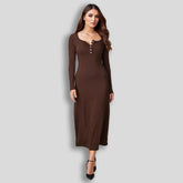 Button Square Collar Long Sleeve Elegant Wide Hem Maxi Dress
