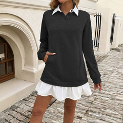 Casual Loose Pockets Stitching Polo Collar Sweater Dress