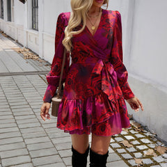 Vestido elegante con cuello en V y estampado de línea A