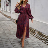 Elegant V Neck High Waist Print Dress