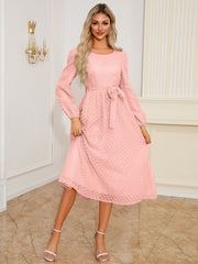 Elegant Waist Crew Neck Jacquard Long Sleeve Dress Mid Length Dress Popular