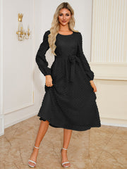 Elegant Waist Crew Neck Jacquard Long Sleeve Dress Mid Length Dress Popular