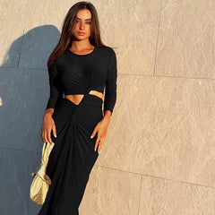 Elegant Solid Color round Neck High Slit Slim Long Sleeve Dress