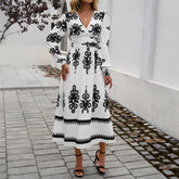 Printing Color Contrast V Neck Long Sleeve Dress