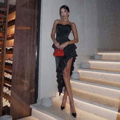 Backless Ruffled Irregular Asymmetric Slit Sling