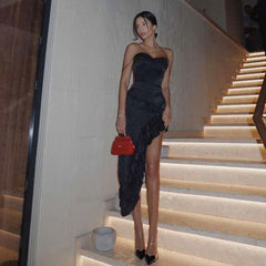 Backless Ruffled Irregular Asymmetric Slit Sling