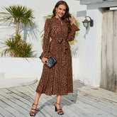 Slim Fit Leopard Print StUp Collar Tie Pleated Dress Casual Mid Length Dress