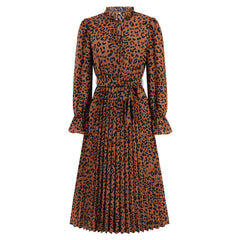 Slim Fit Leopard Print StUp Collar Tie Pleated Dress Casual Mid Length Dress