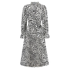 Slim Fit Leopard Print StUp Collar Tie Pleated Dress Casual Mid Length Dress