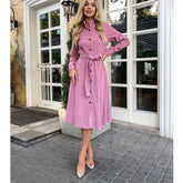 Solid Color Tied Button Shirt Dress