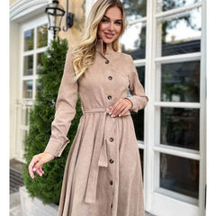 Solid Color Tied Button Shirt Dress