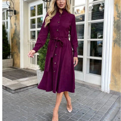 Solid Color Tied Button Shirt Dress