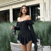 off Shoulder Backless Ruffled Solid Color Sheath Dress