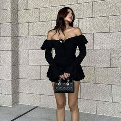 off Shoulder Backless Ruffled Solid Color Sheath Dress