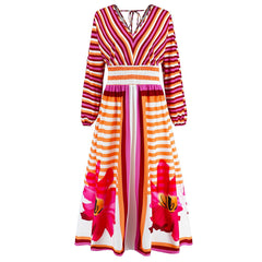 Long Sleeve V Neck Swing A Line Printed Dress Slim Retro Maxi Dress