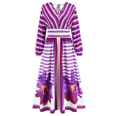 Long Sleeve V Neck Swing A Line Printed Dress Slim Retro Maxi Dress