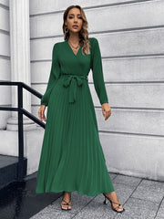 V neck Long Sleeve Pleated A line Mid Length Dress
