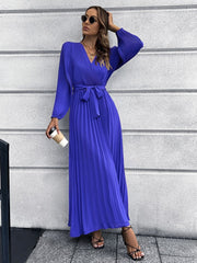 V neck Long Sleeve Pleated A line Mid Length Dress