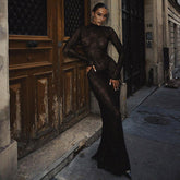 's High Collar Lace Maxi Dress Cutout Slim Long Sleeve