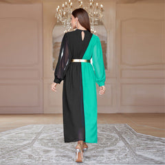 Elegantes, farblich abgestimmtes, hochtailliertes und schwingendes Kleid