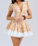 Positioning Printed V Neck Waist Tight Petti dress Holiday Dress