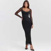 Mesh Long Sleeve Boning Corset Slim Hip Bag Slit Midi Black Dress