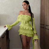 off Shoulder Ruffled Bell Sleeve Ribbon Dress