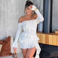 off Shoulder Ruffled Bell Sleeve Ribbon Dress