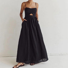 Black Breathable Sling High Waist French Dress Holiday Long