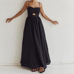 Black Breathable Sling High Waist French Dress Holiday Long
